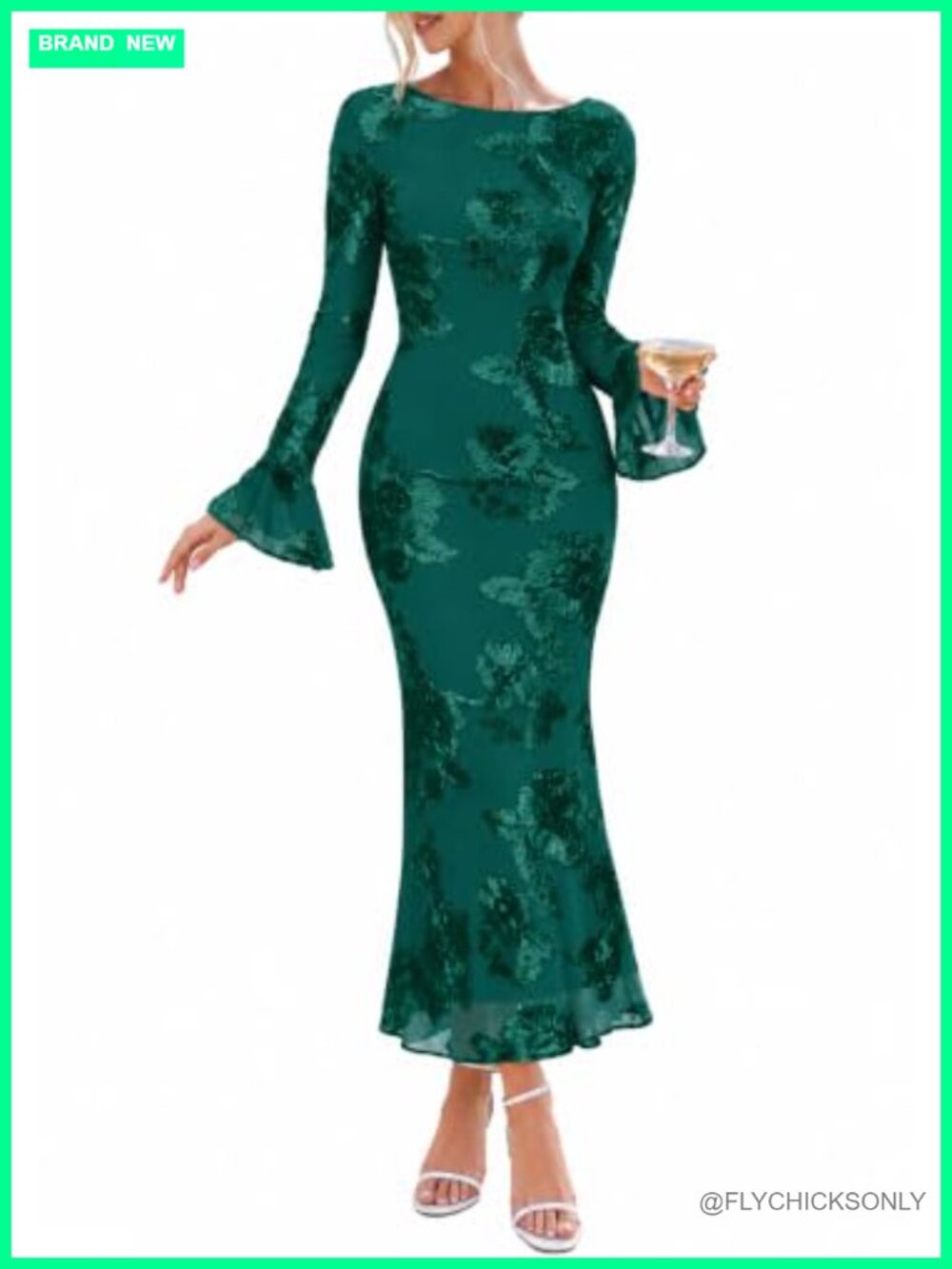 Women's Floral Mesh Maxi Dress Bell Sleeve Bodycon Wedding Guest Cocktail